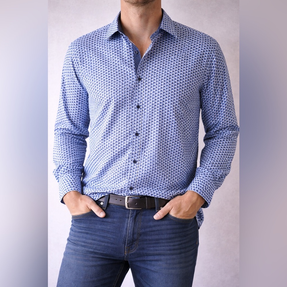 Robert Graham Blue Geometrical Button-Down Shirt Long Sleeve Large-office preppy